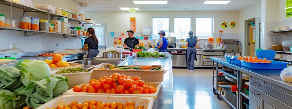 a brightly lit daycare kitchen is bustling with activity, showcasing vibrant, nutritious meals being prepared while cheerful staff engage in conversation, embodying a commitment to healthy eating and nutrition education for children.