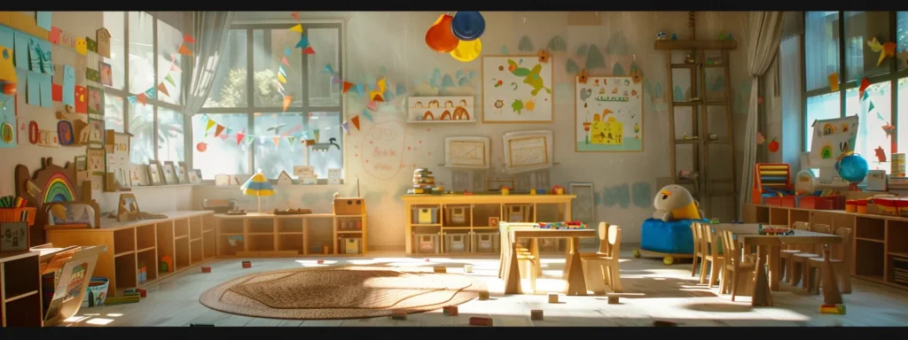 a brightly lit, inviting daycare classroom filled with colorful educational materials, diverse children's artwork on the walls, and small groups of children engaging in both structured and free play activities.