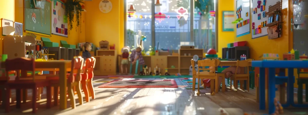 a brightly lit, welcoming daycare facility features colorful classrooms filled with engaging educational materials, attentive staff interacting warmly with children, and safety measures prominently displayed, conveying a nurturing and vibrant learning environment.