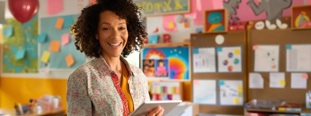 a vibrant daycare office scene with a confident director engaged in dynamic conversation with parents, showcasing communication tools like digital tablets and colorful bulletin boards filled with updates and resources, all under warm overhead lighting.