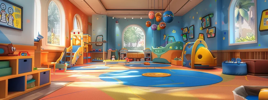 a vibrant daycare play area features colorful indoor equipment and engaging activity zones, emphasizing safe and stimulating environments for children's physical and cognitive development.