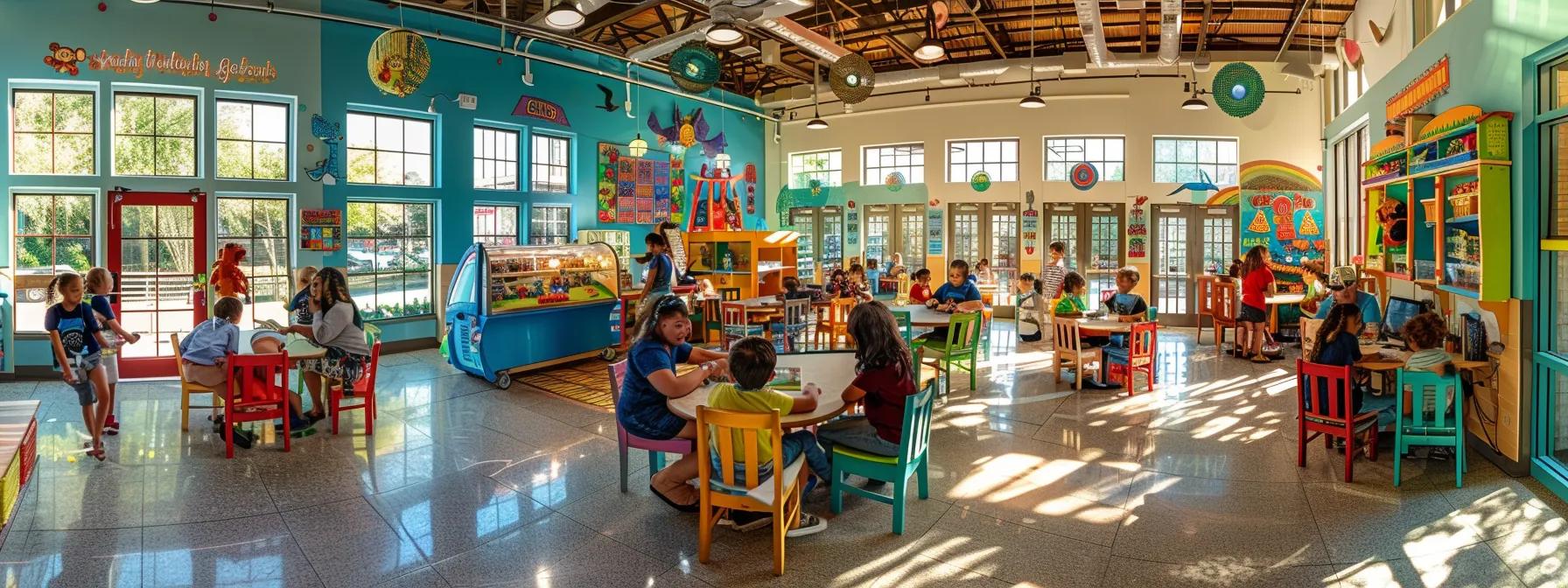 a vibrant, welcoming daycare interior features colorful play areas filled with engaging educational toys and cheerful children interacting with attentive caregivers, conveying a nurturing learning environment in clear lake, houston.
