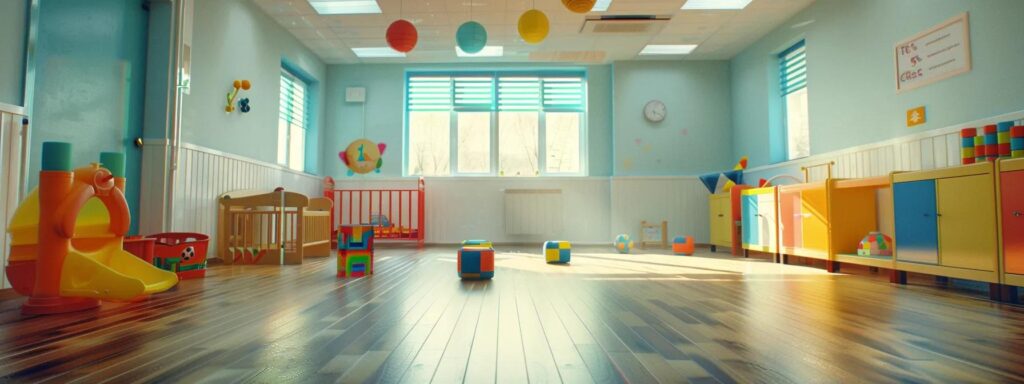 a brightly lit, modern daycare center interior showcases safety features such as childproofed toys, clearly marked emergency exits, and thorough sanitation stations, emphasizing the importance of child safety and well-being.