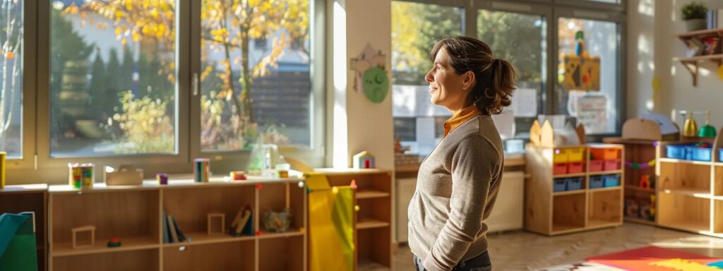 a confident parent stands thoughtfully in a modern daycare center, surrounded by colorful educational materials and engaging play areas, as they assess their options with a discerning eye.