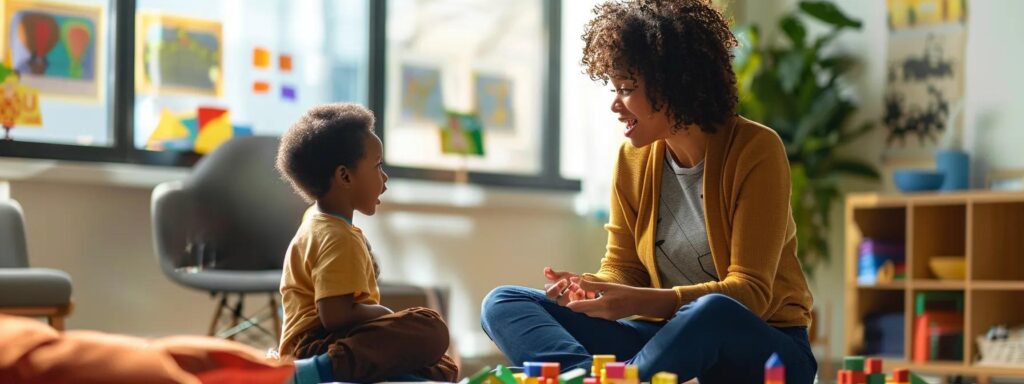 a focused parent sits across from a professional daycare provider in a bright, modern office setting, engaged in a thoughtful discussion with visual aids, fostering a sense of transparency and collaboration about childcare policies and daily operations.