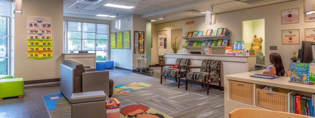 a modern, well-lit office setting features a thoughtful parent reviewing colorful brochures and notes about various childcare programs, surrounded by a laptop and a cup of coffee, capturing the essence of the journey to find reliable childcare.