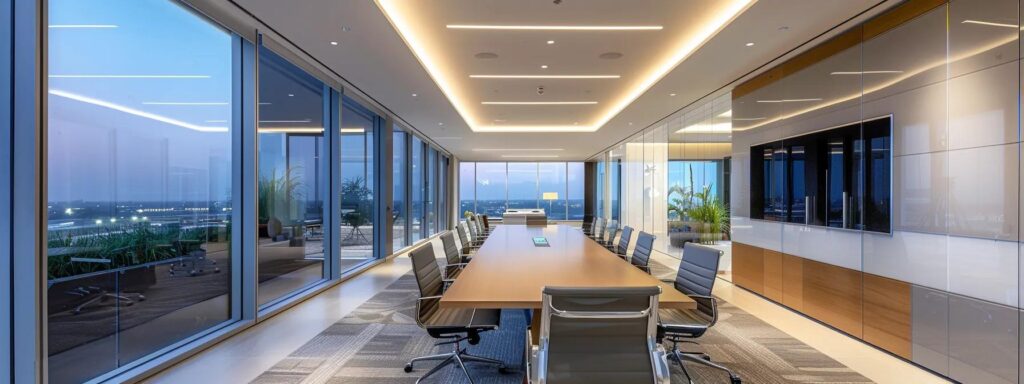 a sleek, modern office space illuminated by ambient lighting showcases a dynamic team engaged in a brainstorming session around a high-tech conference table, their expressions a blend of focus and creativity.