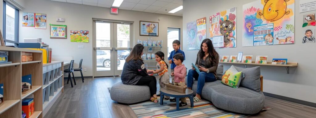 a thoughtfully arranged office environment features engaged parents deliberating over colorful child development charts and safety protocols, embodying the critical decision-making process of selecting the ideal childcare program.