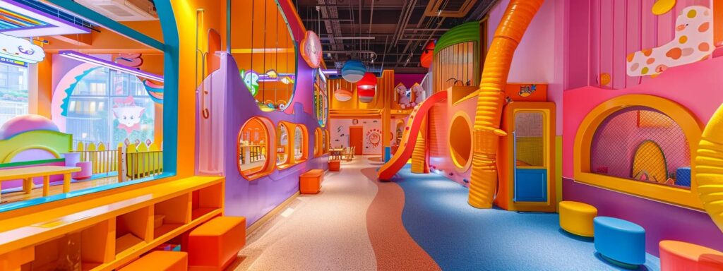 a vibrant daycare center interior showcases engaging learning areas with colorful play structures, educational materials, and cheerful decor, emphasizing a safe and nurturing environment for children’s development and parental communication.