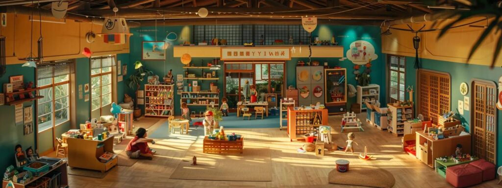 a vibrant, well-organized daycare center filled with engaged caregivers interacting warmly with diverse children, showcasing colorful learning areas, stimulating toys, and inviting spaces that foster emotional and social growth.