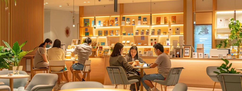 an inviting, modern childcare center interior showcases parents engaging in discussions, animatedly examining colorful brochures and reviews on tablets, illuminated by soft, warm lighting that emphasizes a sense of community and informed decision-making.